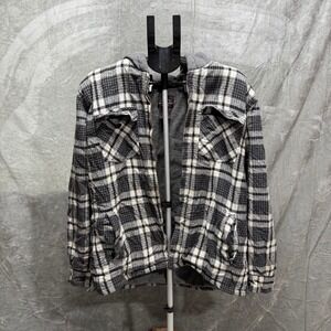 Men's Mountain Ridge Plaid Hooded Flannel Gray White Black Zipper Front Casual